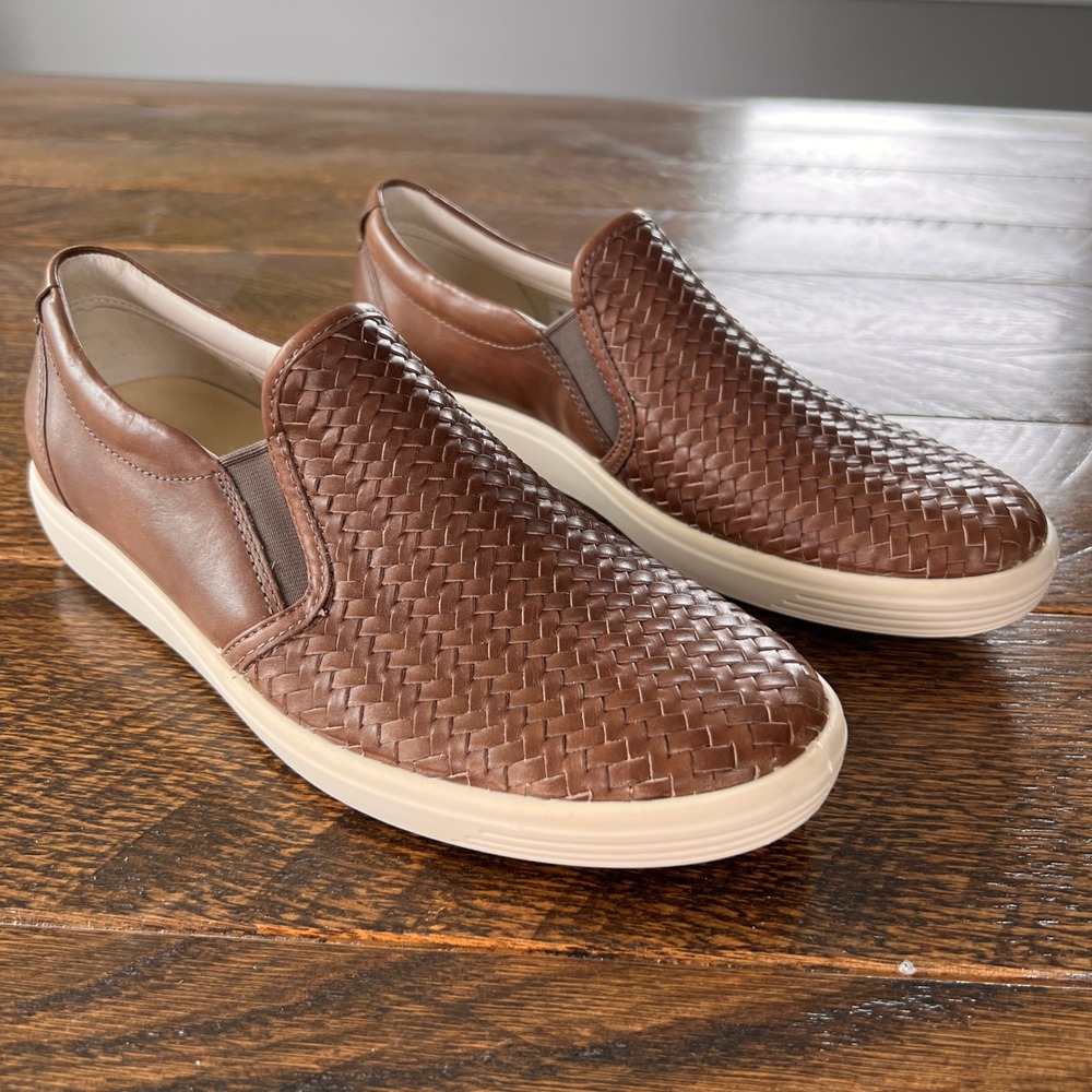 ECCO Soft 7 Woven Slip On Sneakers Brown Leather Flats Womens 40 9-9.5